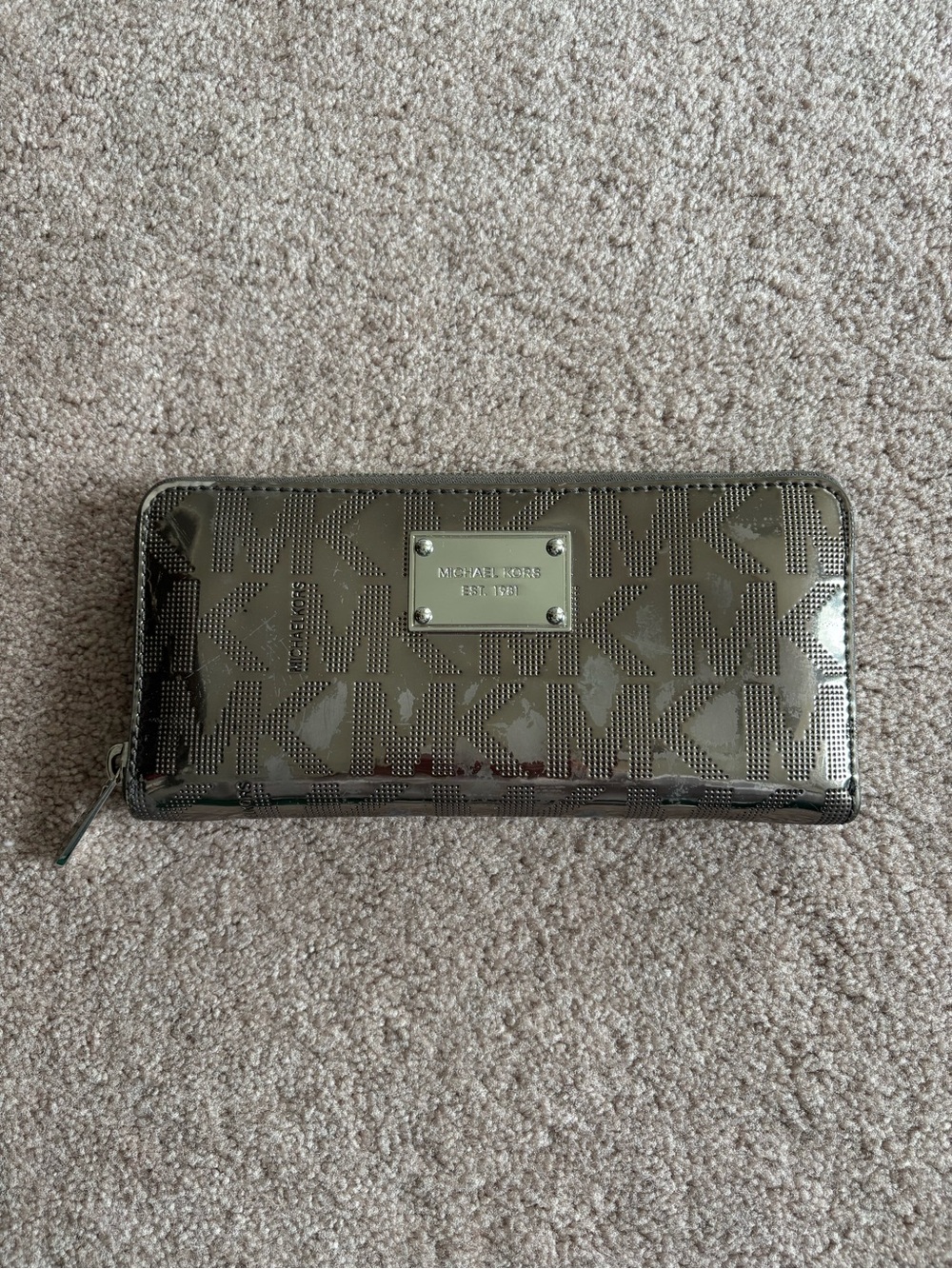 Michael Kors Metallic Gunmetal MK Logo Zip Wallet